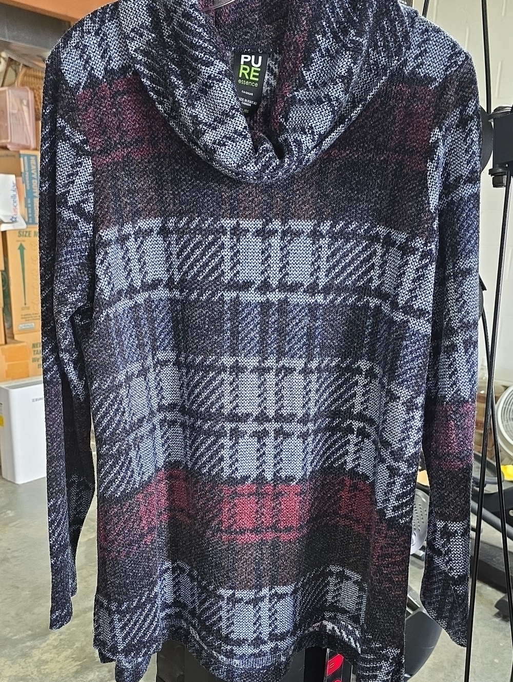 Pure Essence Plaid Cowl Neck Sweater - Black & Red